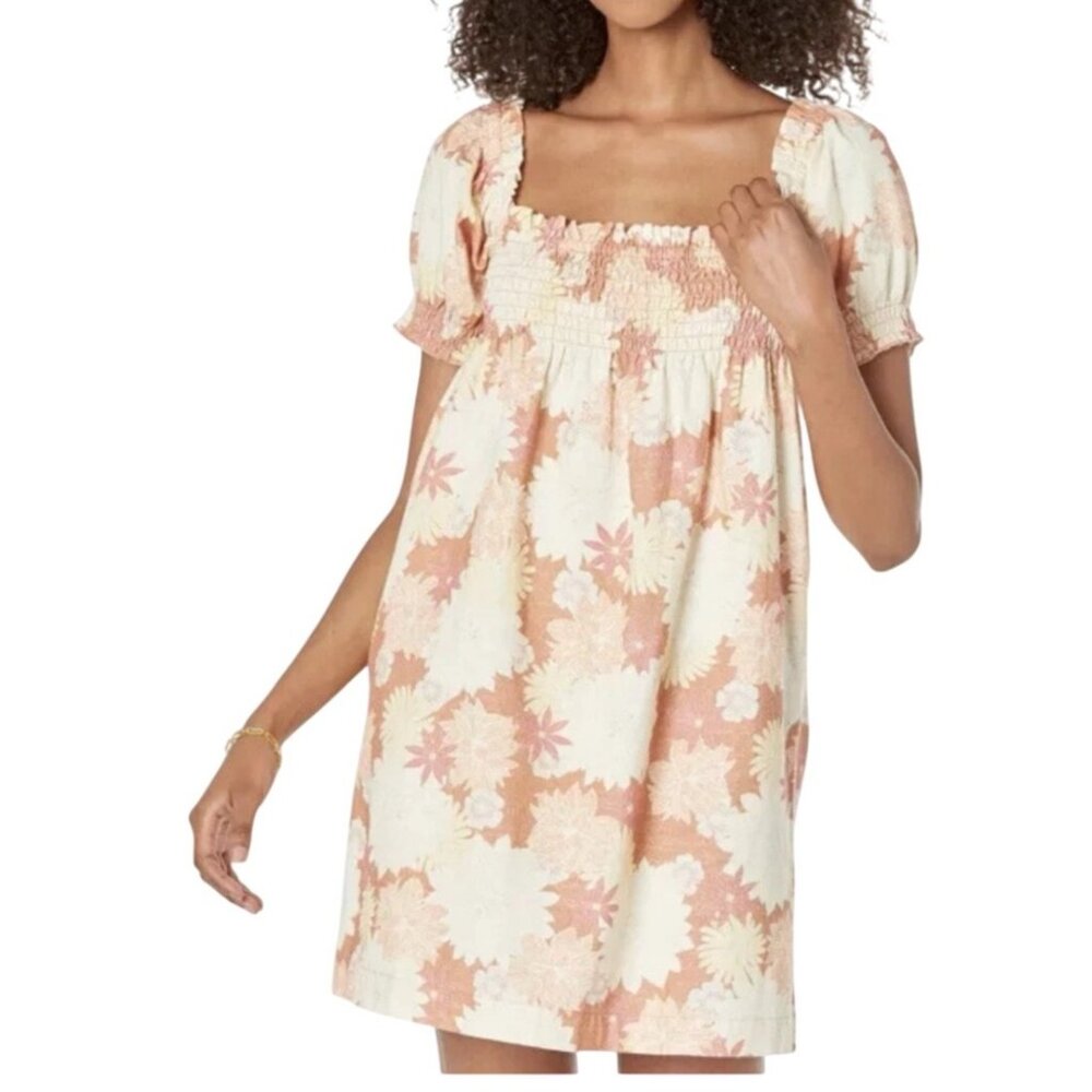 Faherty Coral Floral Organic Cotton Smocked Square-Neck Puff-Sleeve Dress Small